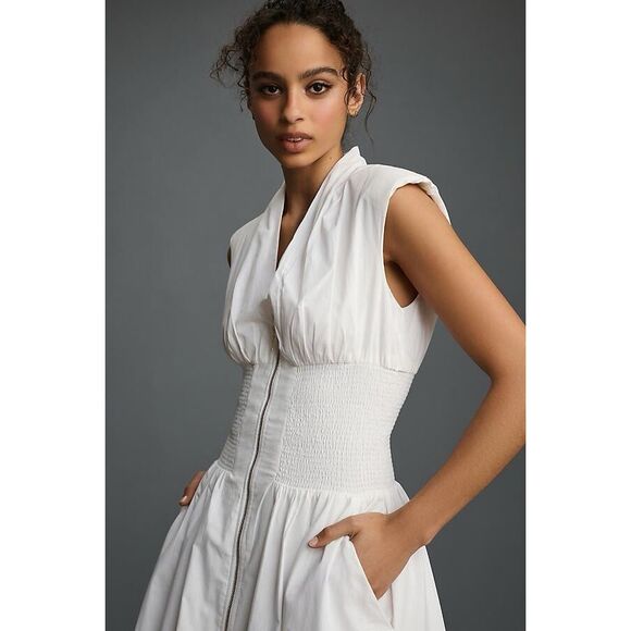 NWT Anthropologie The Tommie Cap-Sleeve Smocked Front-Zip Midi Shirt Dress 2X - Picture 3 of 9